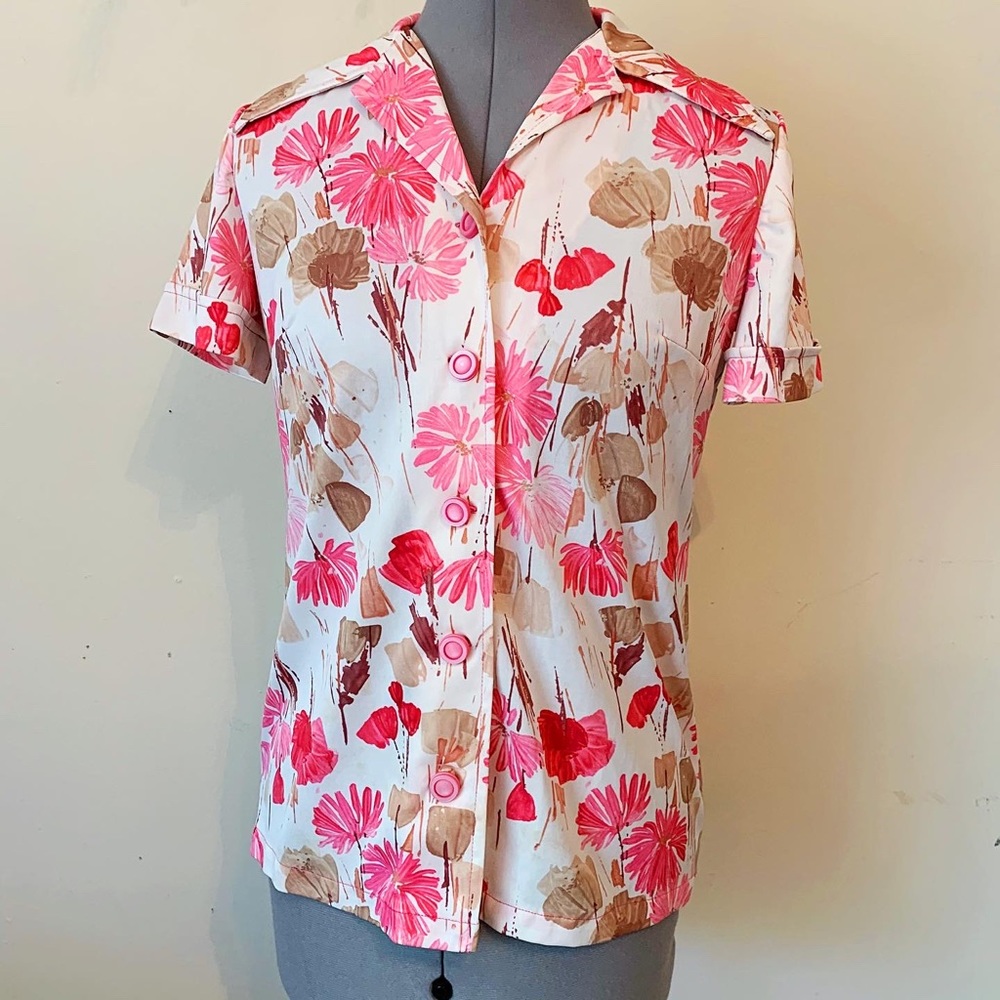 Vintage 70s White Pink Daisy Floral Short Sleeve Blouse
